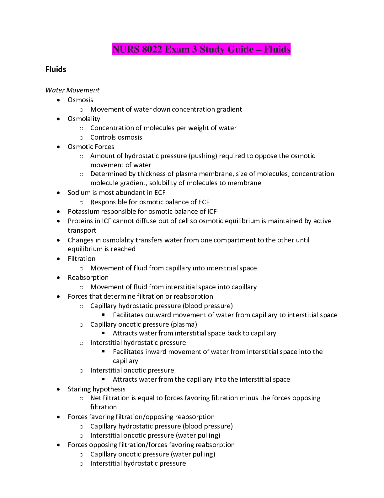 Preview of NURS 8022 Exam 3 Study Guide - Fluids